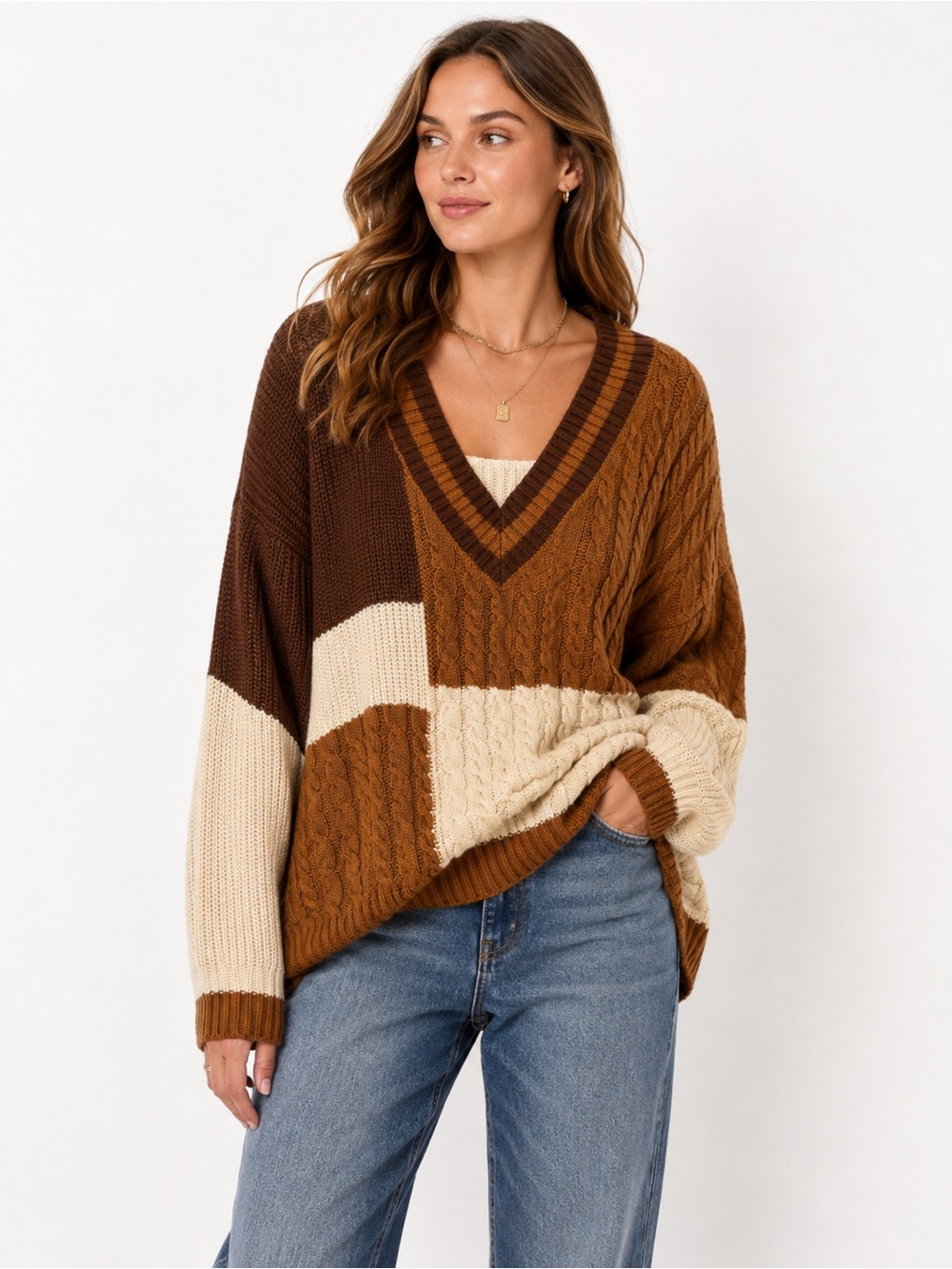 Wild Moss Colorblock Cable Knit Sweater Brown Cream Oversized V Neck Womens L